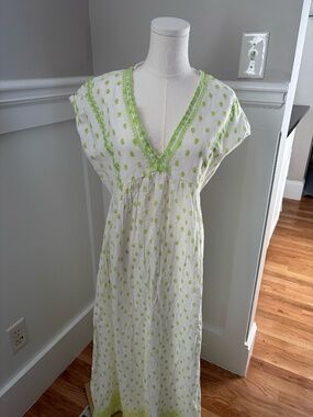 ZARA White & Lime Green Embroidered Midi Dress | Boho Cotton | Size S